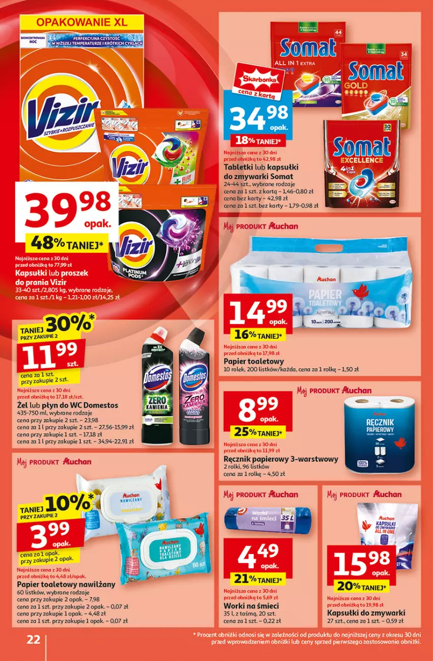 Gazetka promocyjna Auchan - Gazetka Pewność Niskich Cen Hipermarket Auchan - ważna 22.08 do 28.08.2024 - strona 24 - produkty: Domestos, Papier, Papier toaletowy, Płyn do wc, Ręcznik, Rolki, Somat, Tablet, Zmywarki