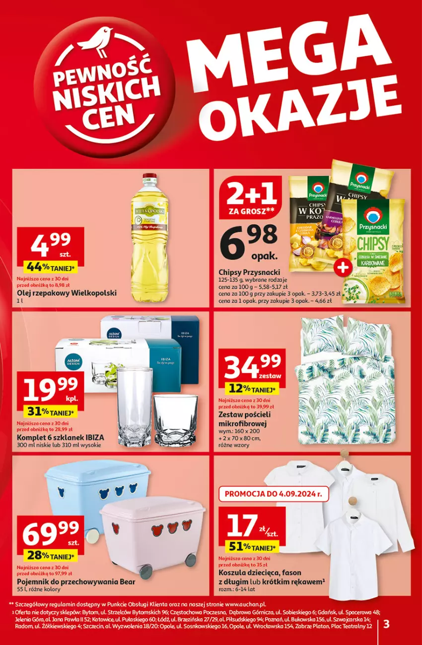 Gazetka promocyjna Auchan - Gazetka Pewność Niskich Cen Hipermarket Auchan - ważna 22.08 do 28.08.2024 - strona 3 - produkty: Chipsy, Dzieci, Fa, Kosz, Koszula, Olej, Olej rzepakowy, Pojemnik, Pojemnik do przechowywania, Pościel, Przysnacki, Sok