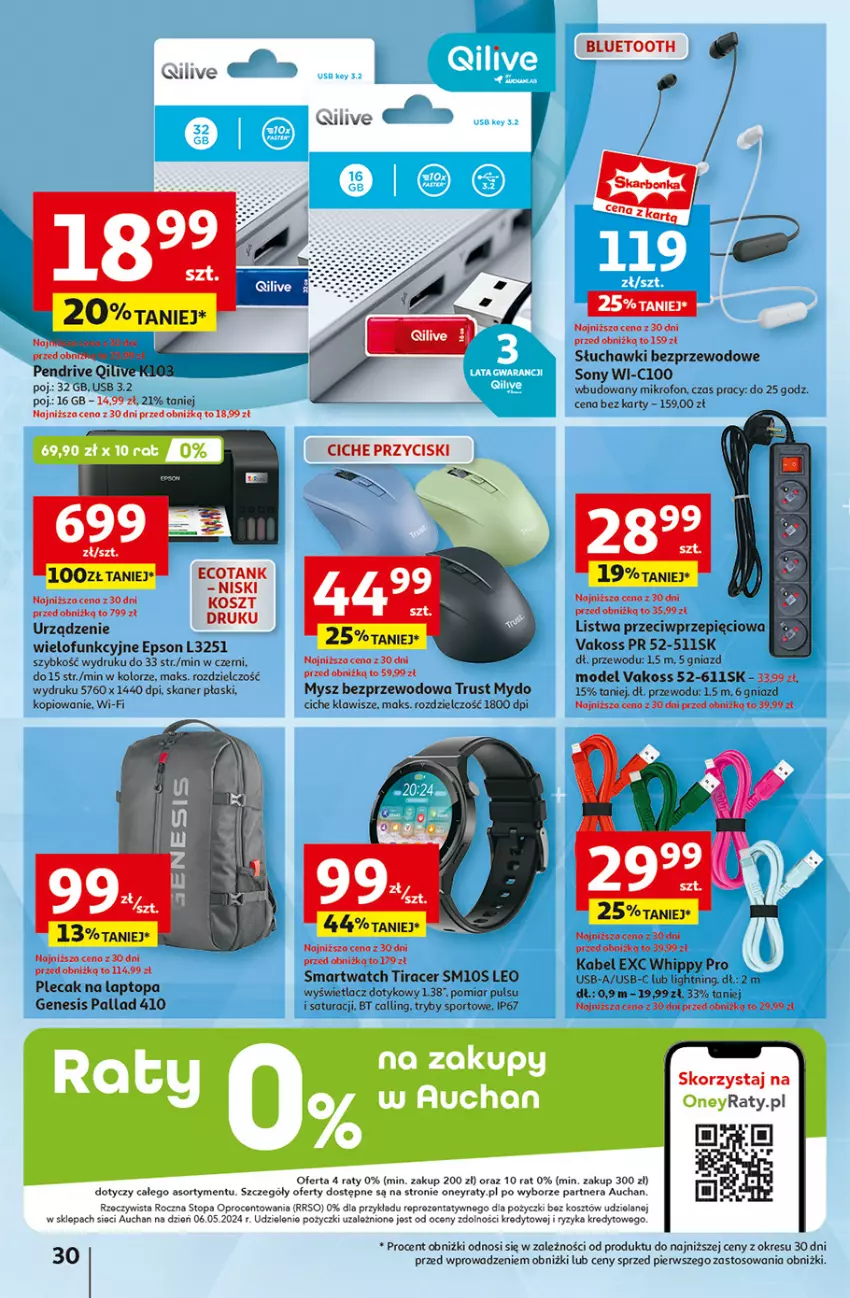 Gazetka promocyjna Auchan - Gazetka Pewność Niskich Cen Hipermarket Auchan - ważna 22.08 do 28.08.2024 - strona 38 - produkty: Acer, HiPP, Kosz, Listwa, Mikrofon, Mysz, Mysz bezprzewodowa, Pendrive, Plecak, Por, Rust, Skaner, Słuchawki, Słuchawki bezprzewodowe, Smartwatch, Sony, Sport, Top, Urządzenie wielofunkcyjne