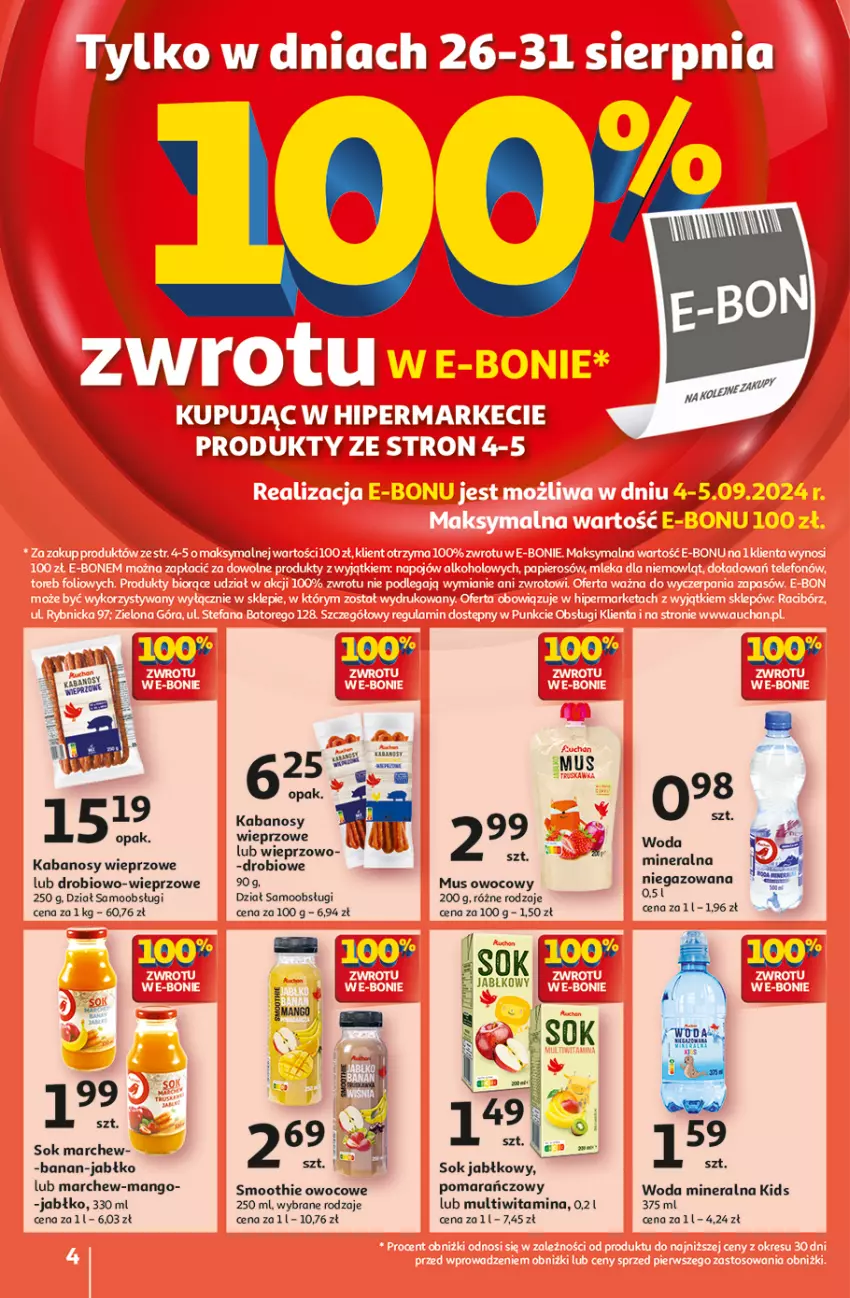 Gazetka promocyjna Auchan - Gazetka Pewność Niskich Cen Hipermarket Auchan - ważna 22.08 do 28.08.2024 - strona 4 - produkty: Kabanos, Mango, Mus, Smoothie, Sok, Sok jabłkowy, Woda, Woda mineralna