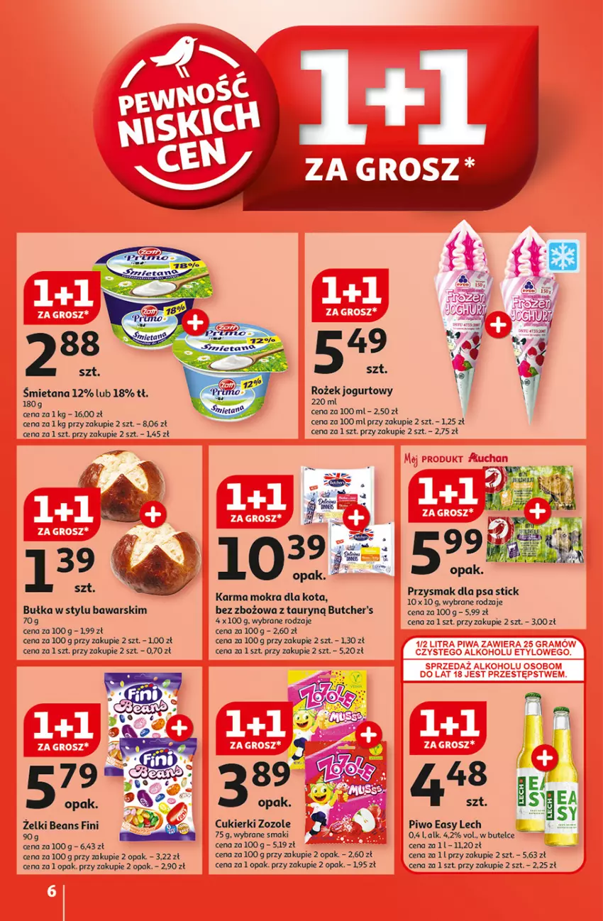 Gazetka promocyjna Auchan - Gazetka Pewność Niskich Cen Hipermarket Auchan - ważna 22.08 do 28.08.2024 - strona 6 - produkty: Bułka, Butcher's, Cukier, Cukierki, Jogurt, Kosz, Piwo, Przysmak dla psa