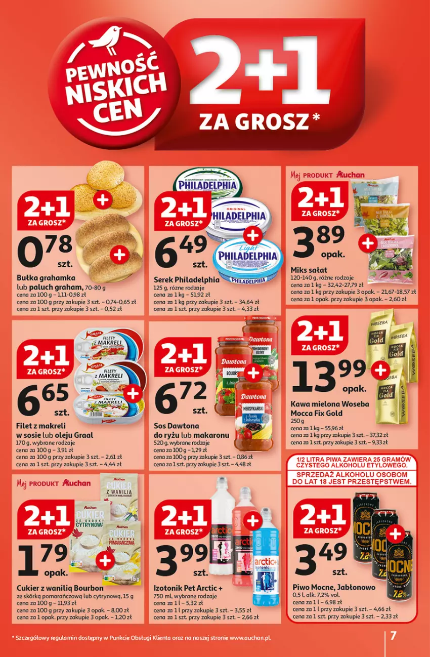 Gazetka promocyjna Auchan - Gazetka Pewność Niskich Cen Hipermarket Auchan - ważna 22.08 do 28.08.2024 - strona 7 - produkty: Bourbon, Bułka, Bułka grahamka, Cukier, Dawtona, Filet z makreli, Gra, Graal, Kawa, Kawa mielona, Makaron, Mocca Fix Gold, Olej, Philadelphia, Piwo, Ryż, Sałat, Ser, Serek, Sos, Tonik, Woseba