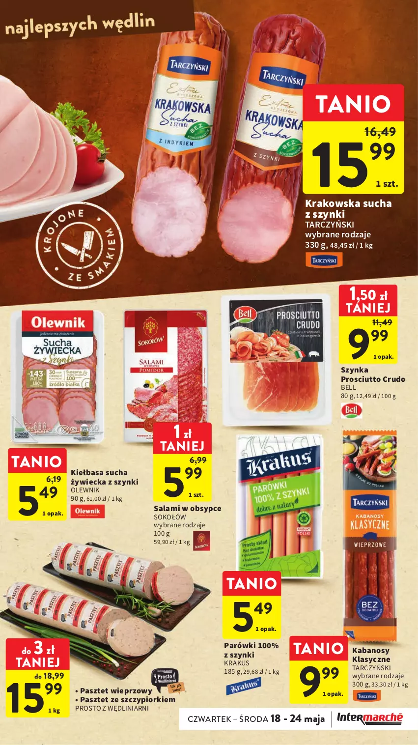 Gazetka promocyjna Intermarche - Gazetka Intermarche - ważna 18.05 do 24.05.2023 - strona 17 - produkty: Bell, Kabanos, Kiełbasa, Krakus, Olewnik, Parówki, Pasztet, Prosciutto, Salami, Sok, Sokołów, Szynka, Tarczyński