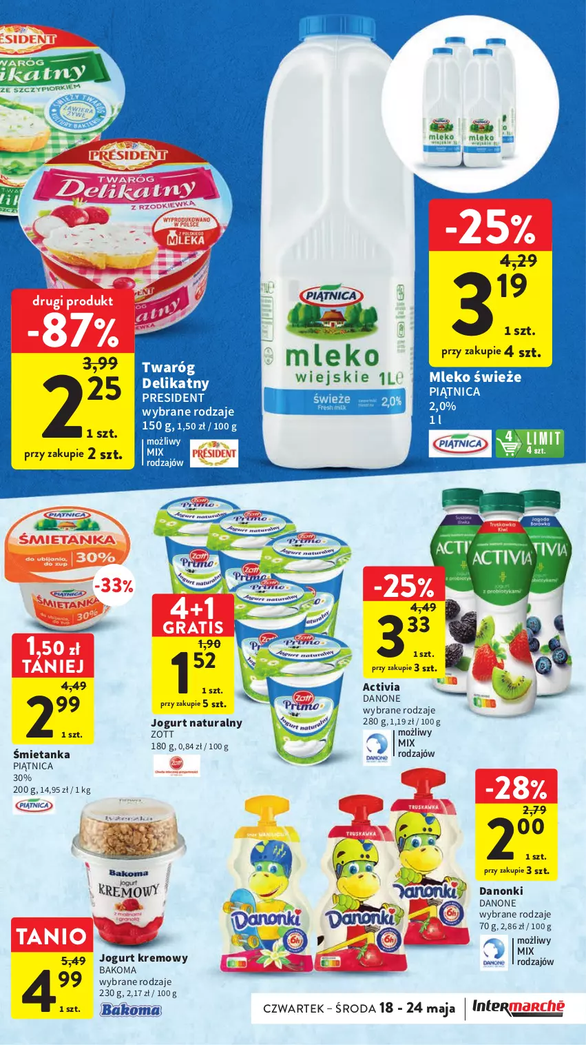 Gazetka promocyjna Intermarche - Gazetka Intermarche - ważna 18.05 do 24.05.2023 - strona 21 - produkty: Activia, Bakoma, Danone, Danonki, Gra, Jogurt, Jogurt naturalny, Mleko, Piątnica, Twaróg, Twaróg delikatny, Zott