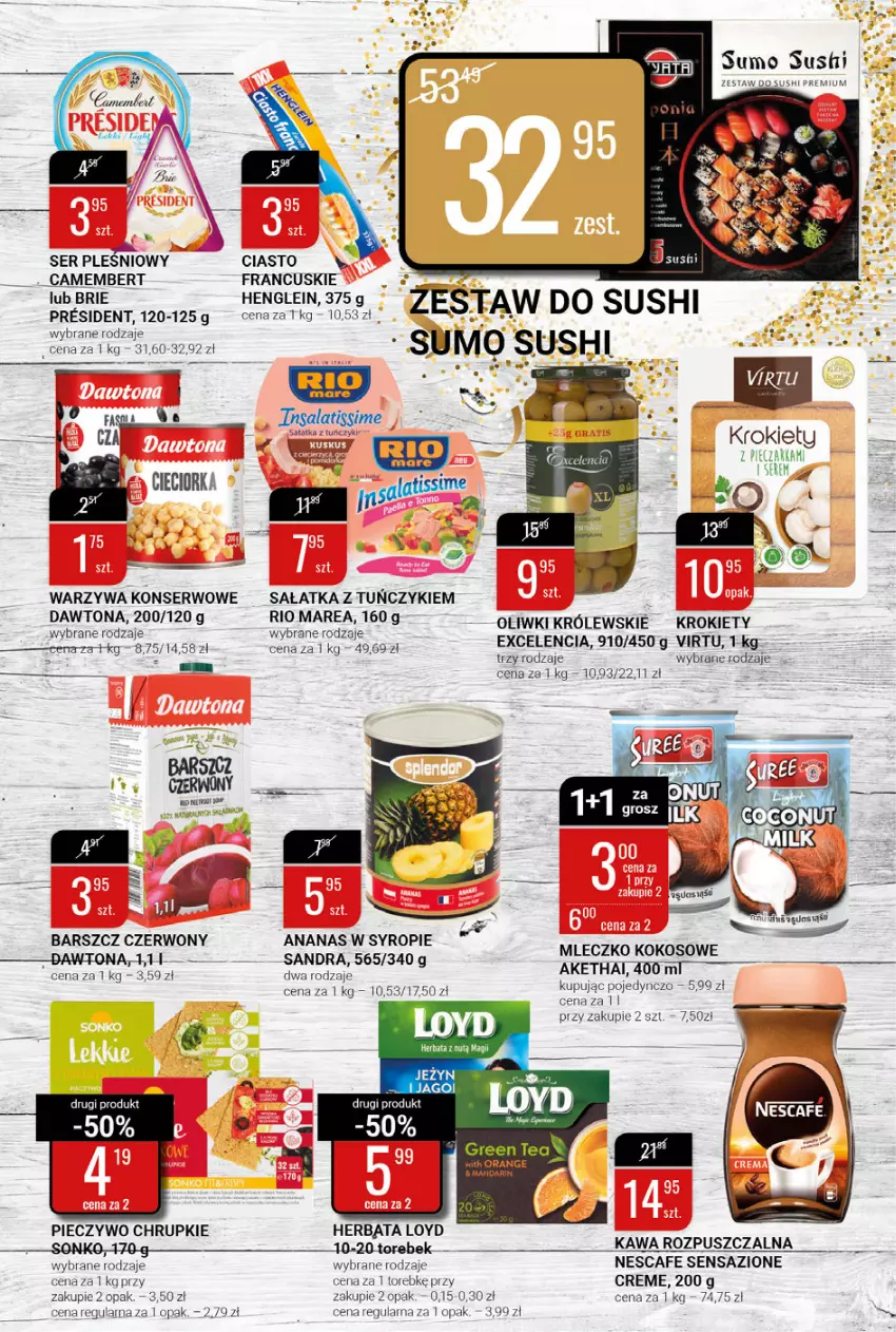 Gazetka promocyjna Bi1 - Wystrzałowe promocje - ważna 27.12.2021 do 02.01.2022 - strona 7 - produkty: Ananas, Brie, Camembert, Chrupki, Cieciorka, Gala, Herbata, Kawa, Kawa rozpuszczalna, Kokos, Krokiety, Loyd, Mleczko, Orka, Piec, Pieczywo, Pieczywo chrupkie, Sałat, Sałatka, Ser, Ser pleśniowy, Sonko, Sushi, Syrop, Tuńczyk, Virtu, Warzywa, Warzywa konserwowe, Zestaw do sushi