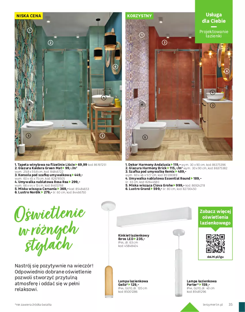 Gazetka promocyjna Leroy Merlin - Gazetka Leroy Merlin - ważna 01.01.2023 do 31.01.2024 - strona 35 - produkty: Glazura, Gra, Gres, Gres szkliwiony, Grohe, Konsola, Lampa, Lazur, Lustro, Miska, Miska wisząca, Obraz, Por, Szafka, Szafka pod umywalkę, Tapeta, Umywalka