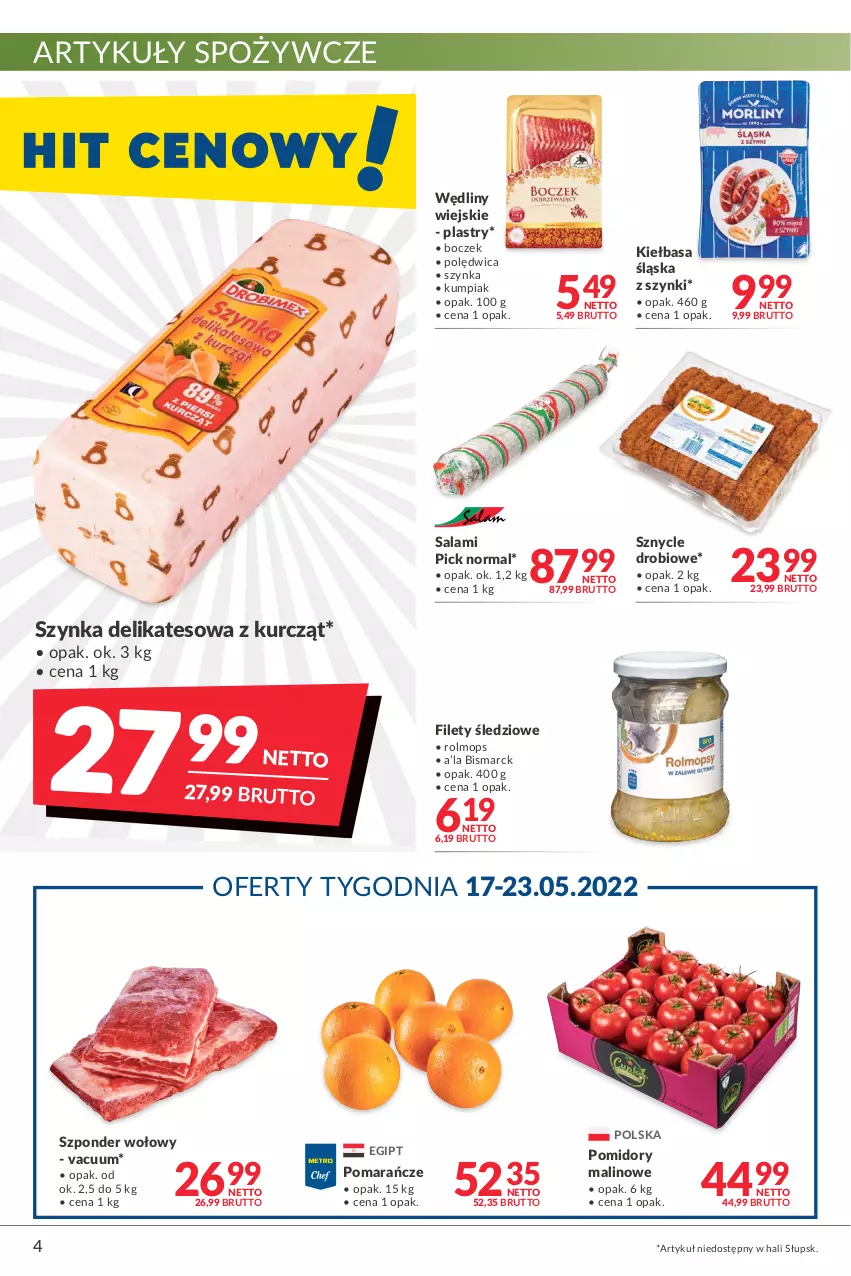 Gazetka promocyjna Makro - [Oferta promocyjna] Artykuły spożywcze i przemysłowe - ważna 17.05 do 30.05.2022 - strona 4 - produkty: Artykuły spożywcze, Boczek, Kiełbasa, Kiełbasa śląska, Mop, Polędwica, Pomarańcze, Pomidory, Salami, Szponder wołowy, Szynka, Szynka delikatesowa