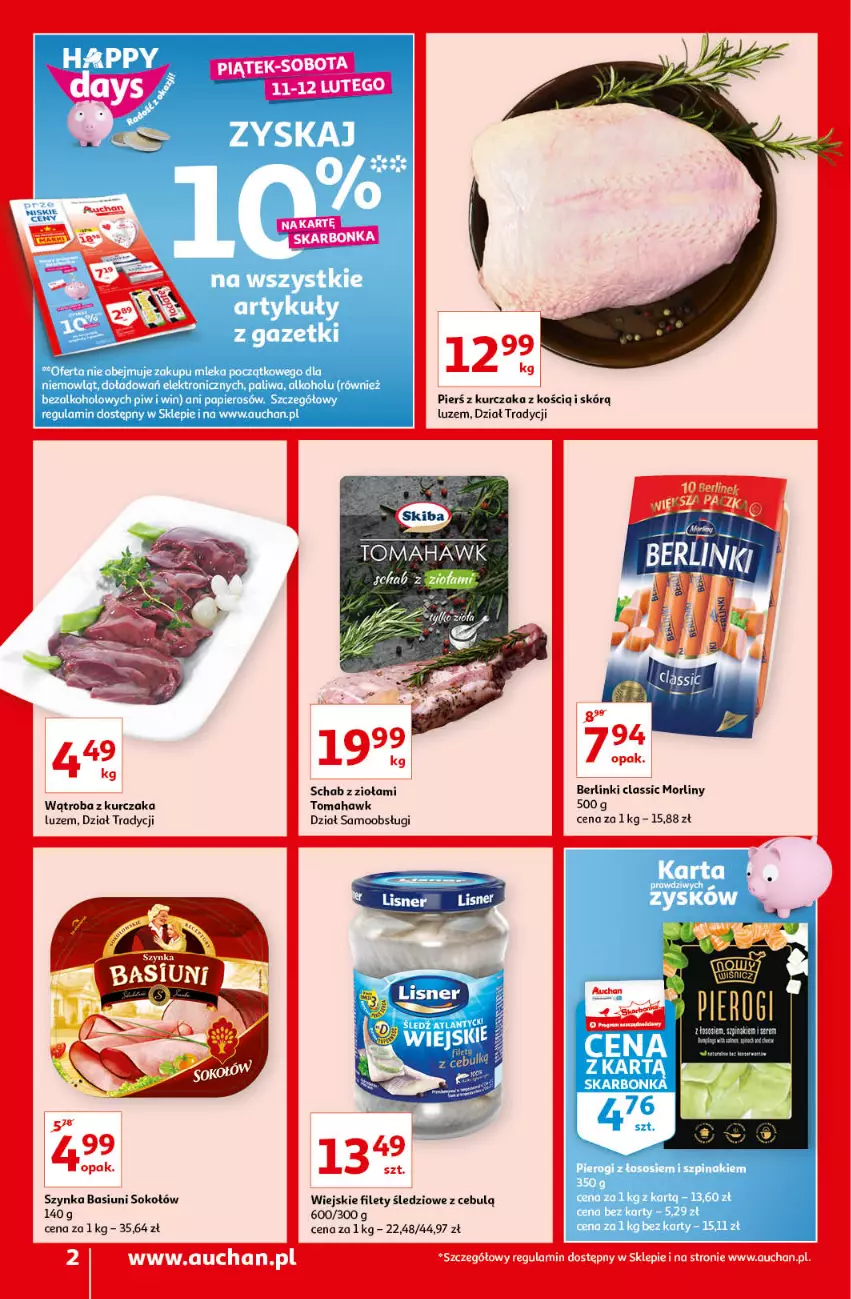 Gazetka promocyjna Auchan - przeNISKIE CENY na przebojowe marki Supermarkety - ważna 10.02 do 16.02.2022 - strona 2 - produkty: Berlinki, Kurczak, Lisner, Morliny, Papier, Pierogi, Sok, Sokołów, Sos, Szpinak, Szynka