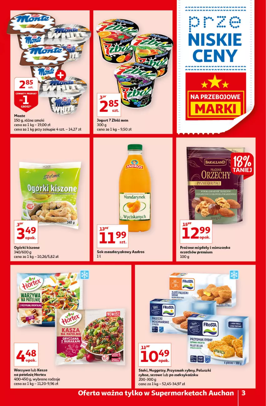 Gazetka promocyjna Auchan - przeNISKIE CENY na przebojowe marki Supermarkety - ważna 10.02 do 16.02.2022 - strona 3 - produkty: BIC, Hortex, Jogurt, Kasza, Migdały, Monte, Ser, Sok, Stek, Szpinak, Warzywa