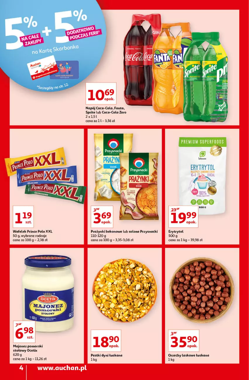 Gazetka promocyjna Auchan - przeNISKIE CENY na przebojowe marki Supermarkety - ważna 10.02 do 16.02.2022 - strona 4 - produkty: Beko, Coca-Cola, Fa, Fanta, Majonez, Napój, Ocet, Pestki dyni, Prince Polo, Przysnacki, Sprite, Wafelek