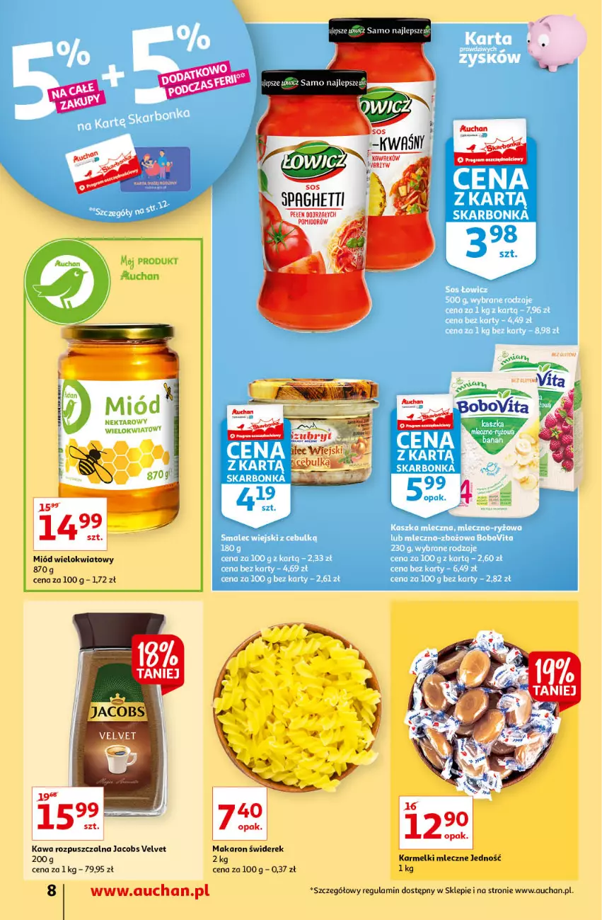 Gazetka promocyjna Auchan - przeNISKIE CENY na przebojowe marki Supermarkety - ważna 10.02 do 16.02.2022 - strona 8 - produkty: BoboVita, Fa, Jacobs, Jacobs Velvet, Makaron, Miód, Sos, Spaghetti, Velvet