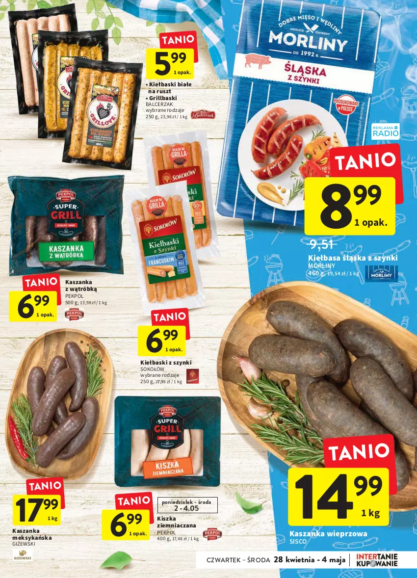 Gazetka promocyjna Intermarche - ważna 28.04 do 04.05.2022 - strona 3 - produkty: Grill, Kasza, Kaszanka, Kiełbasa, Kiełbasa śląska, Kiełbaski białe, Morliny, Pekpol, Sok, Sokołów