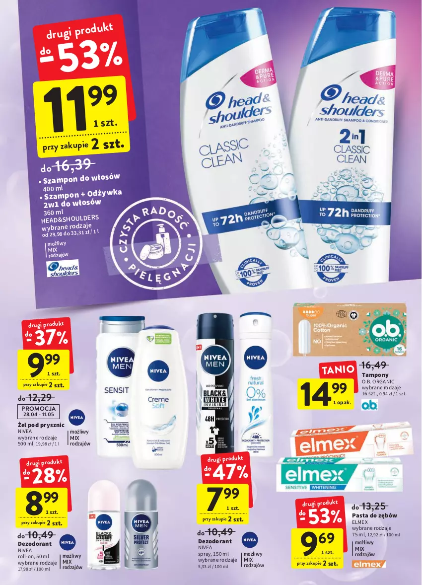 Gazetka promocyjna Intermarche - ważna 28.04 do 04.05.2022 - strona 36 - produkty: Dezodorant, Elmex, Nivea, O.B., Pasta do zębów, Szampon, Tampony