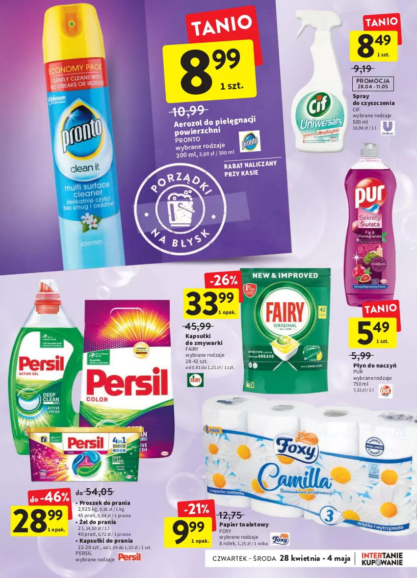 Gazetka promocyjna Intermarche - ważna 28.04 do 04.05.2022 - strona 37 - produkty: Cif, Fa, Fairy, Foxy, Kapsułki do prania, Papier, Papier toaletowy, Persil, Pronto, Proszek do prania, Pur, Spray do czyszczenia, Zmywarki