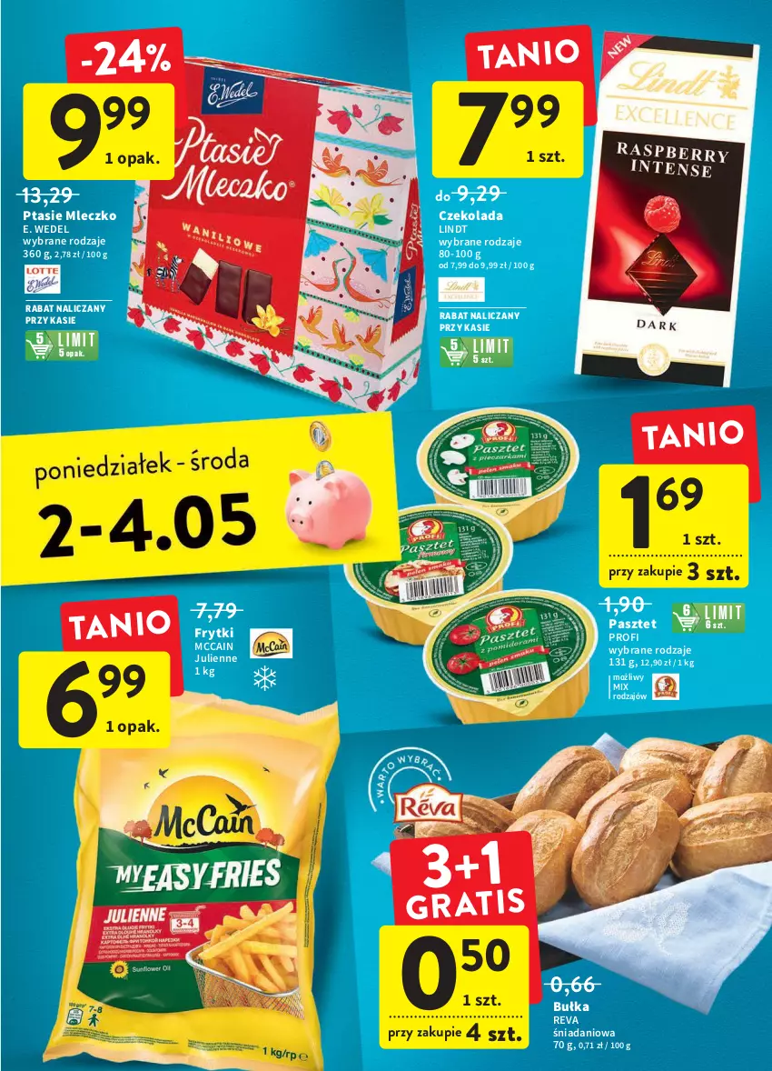 Gazetka promocyjna Intermarche - ważna 28.04 do 04.05.2022 - strona 39 - produkty: Bułka, Czekolada, Danio, E. Wedel, Frytki, Lindt, McCain, Mleczko, Pasztet, Ptasie mleczko