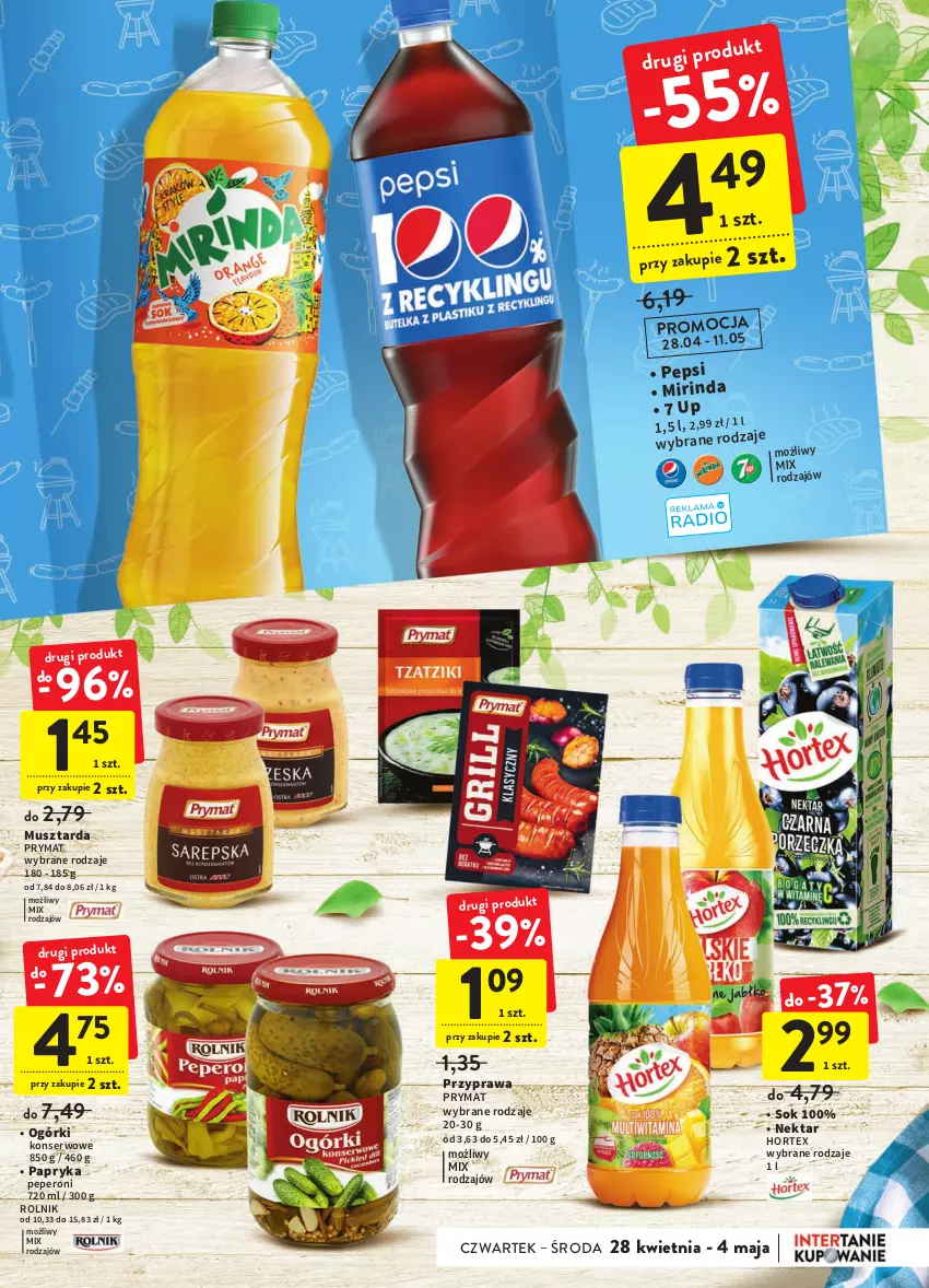 Gazetka promocyjna Intermarche - ważna 28.04 do 04.05.2022 - strona 5 - produkty: Hortex, Mirinda, Mus, Musztarda, Nektar, Ogórki konserwowe, Papryka, Pepsi, Prymat, Rolnik, Ser, Sok