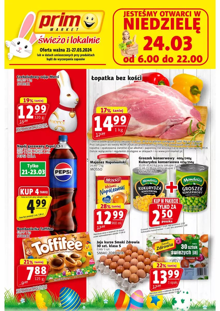 Gazetka promocyjna Prim Market - ważna 20.03 do 27.03.2024 - strona 1 - produkty: Groszek, Jaja, Kukurydza, Kukurydza konserwowa, LEGO, Majonez, Merci, Napój, Oleo, Papier, Pepsi, Ser