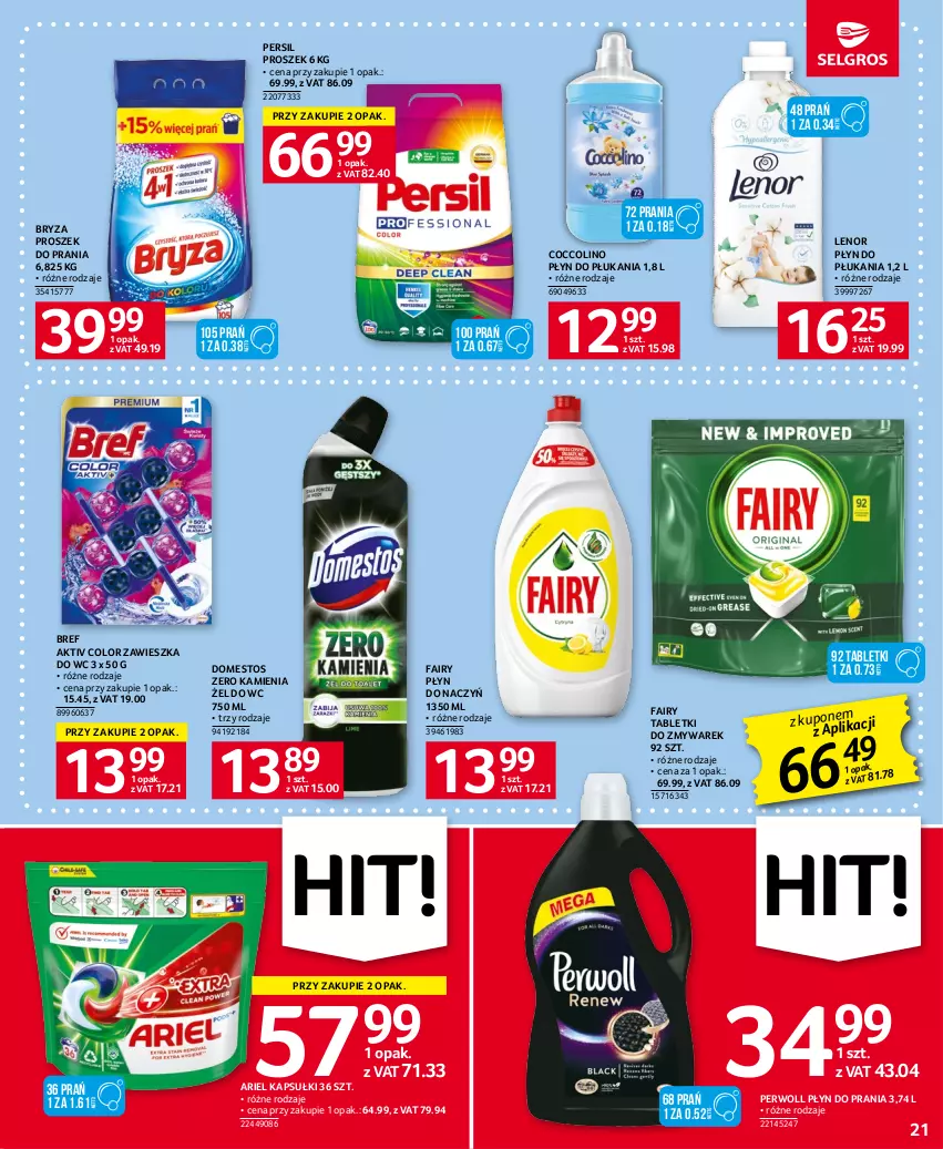 Gazetka promocyjna Selgros - Oferta spożywcza - ważna 29.06 do 12.07.2023 - strona 21 - produkty: Ariel, Bref, Bryza, Coccolino, Domestos, Fa, Fairy, Lenor, Persil, Perwoll, Płyn do płukania, Płyn do prania, Proszek do prania, Tablet, Zawieszka do wc