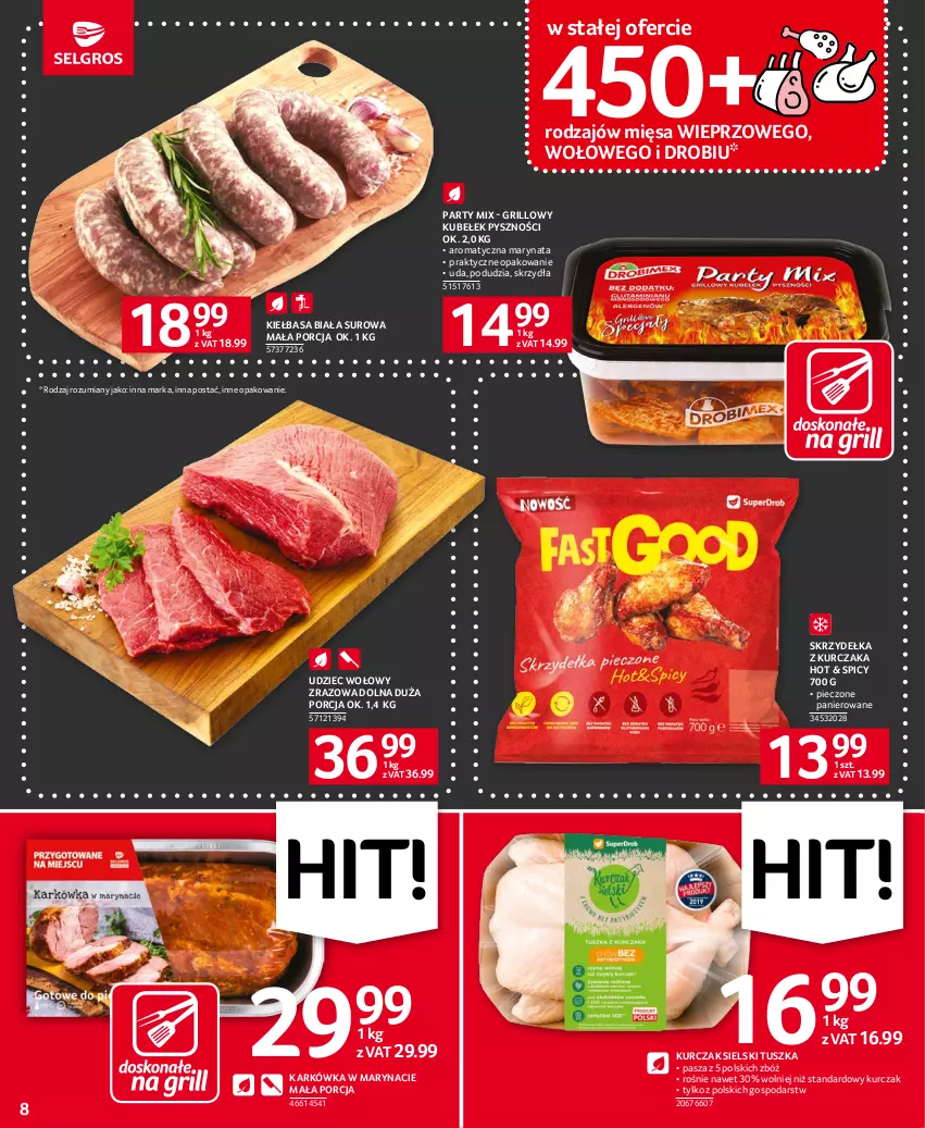 Gazetka promocyjna Selgros - Oferta spożywcza - ważna 29.06 do 12.07.2023 - strona 8 - produkty: Grill, Kiełbasa, Kiełbasa biała, Kurczak, Piec, Por, Skrzydełka z kurczaka, Tusz, Udziec wołowy