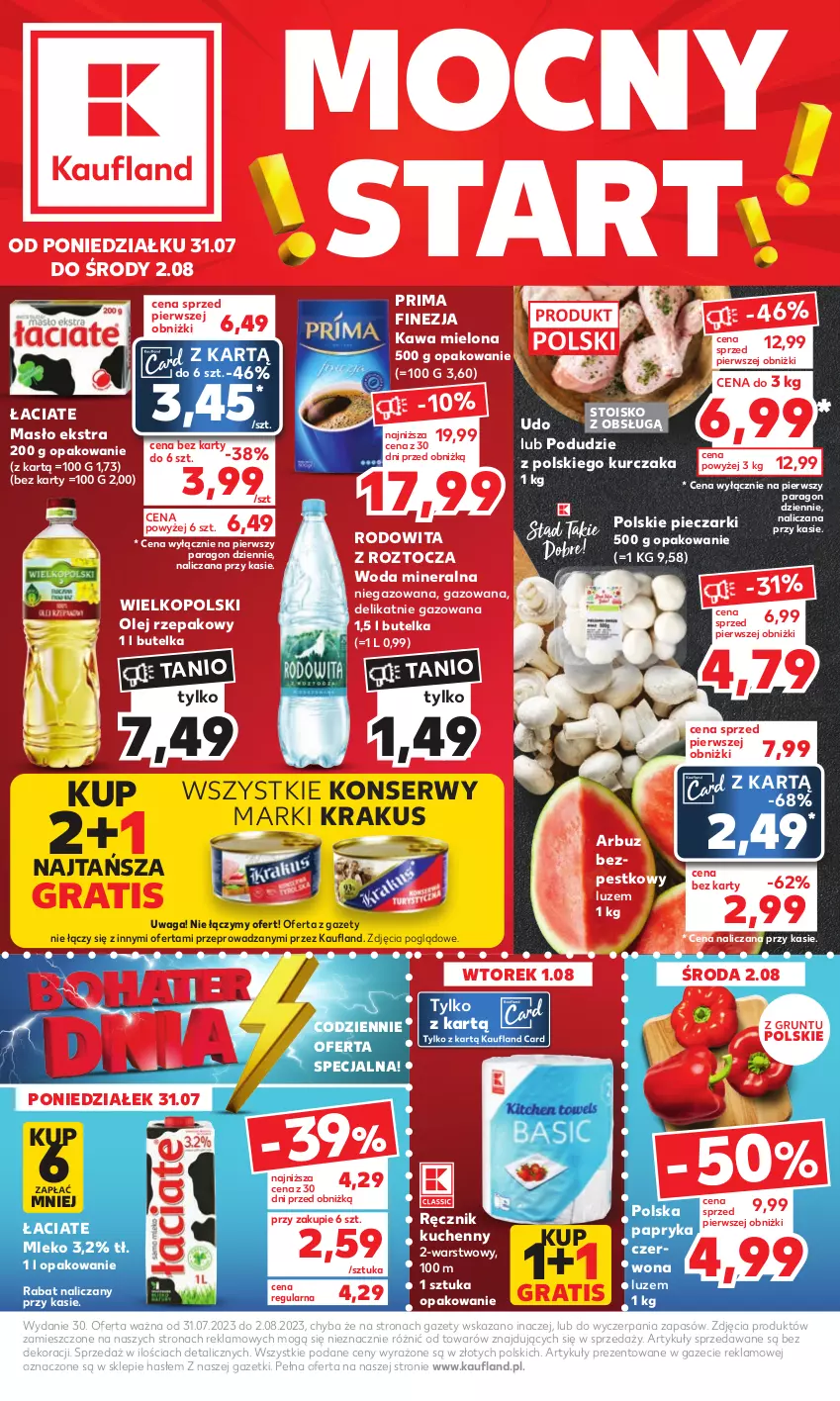 Gazetka promocyjna Kaufland - Mocny Start - ważna 31.07 do 02.08.2023 - strona 1 - produkty: Arbuz, Gra, Kawa, Kawa mielona, Krakus, Kurczak, Masło, Mleko, Olej, Olej rzepakowy, Papryka, Papryka czerwona, Piec, Prima, Ręcznik, Ręcznik kuchenny, Ser, Waga, Woda, Woda mineralna