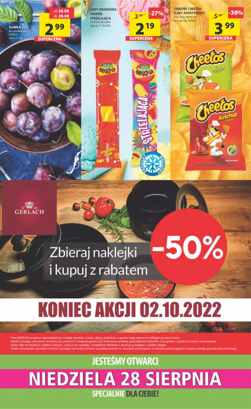 Gazetka promocyjna Arhelan - Gazetka - ważna 26.08 do 04.09.2022 - strona 20 - produkty: Cheetos, Chrupki, Hellena, Lody, Oranżada