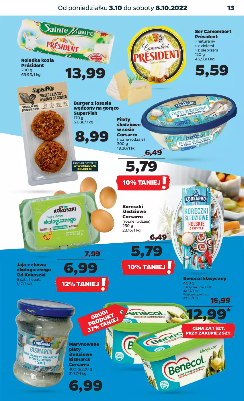 Gazetka promocyjna Netto - Artykuły spożywcze - ważna 03.10 do 08.10.2022 - strona 13 - produkty: Benecol, Burger, Camembert, Jaja, Kokos, Koreczki śledziowe, Kosz, Pieprz, Płaty śledziowe, Président, Ser, Sos