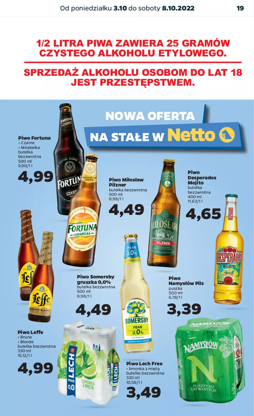 Gazetka promocyjna Netto - Artykuły spożywcze - ważna 03.10 do 08.10.2022 - strona 19 - produkty: Desperados, Fortuna, Gra, Limonka, Namysłów, Piwa, Piwo, Somersby