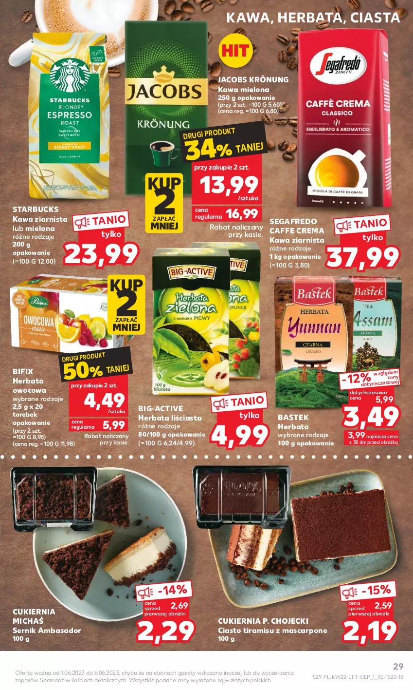 Gazetka promocyjna Kaufland - Gazetka tygodnia - ważna 01.06 do 06.06.2023 - strona 29 - produkty: Cukier, Herbata, Herbata owocowa, Jacobs, Jacobs Krönung, Kawa, Kawa mielona, Kawa ziarnista, Mascarpone, Segafredo, Ser, Stek