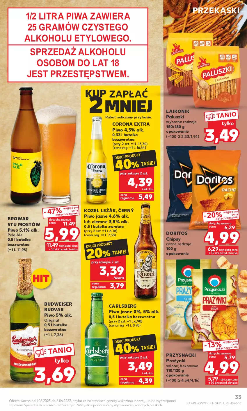 Gazetka promocyjna Kaufland - Gazetka tygodnia - ważna 01.06 do 06.06.2023 - strona 33 - produkty: Beko, Carlsberg, Chipsy, Corona Extra, Gin, Gra, Kozel, Lajkonik, Piwa, Piwo, Piwo jasne, Przysnacki, Ser