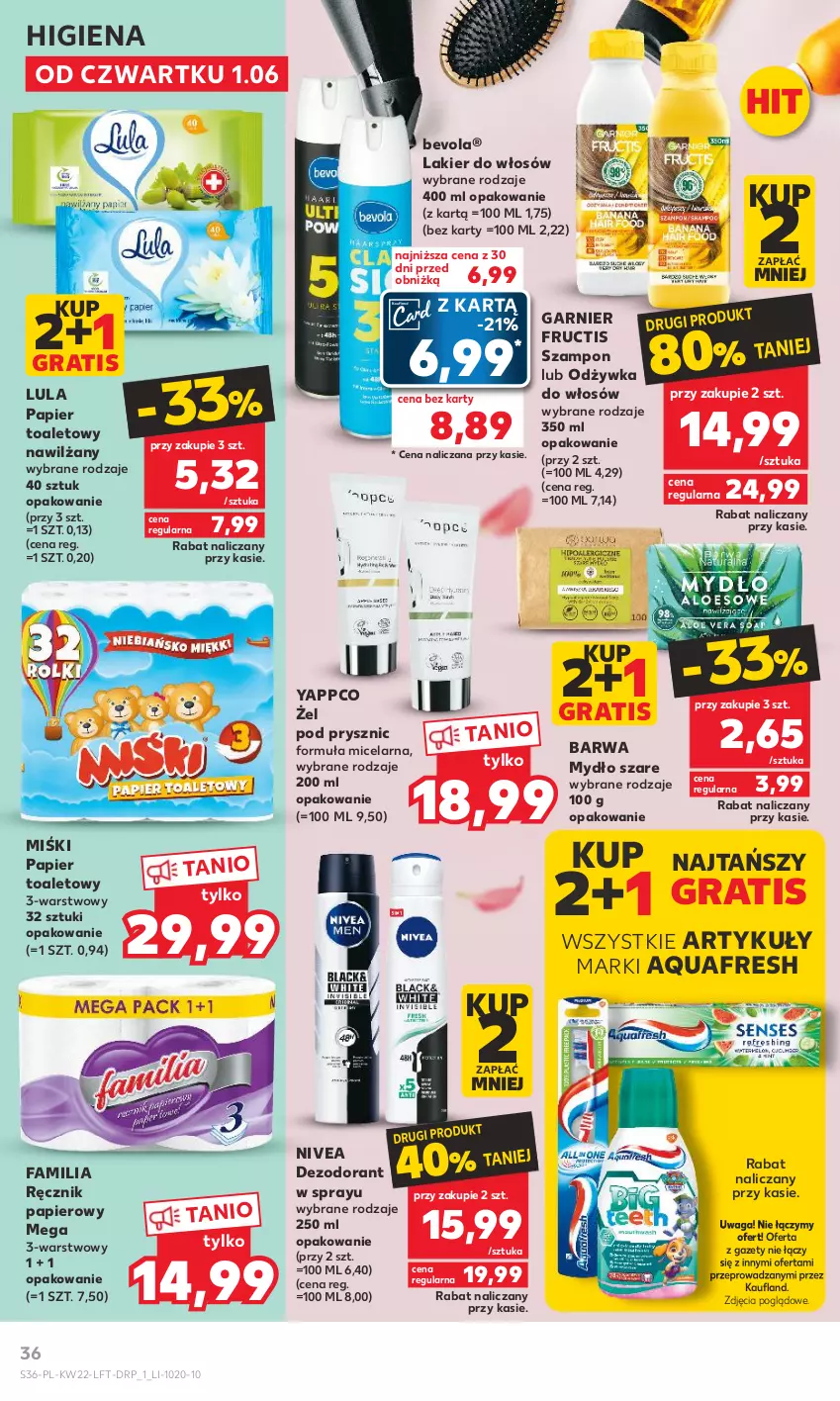 Gazetka promocyjna Kaufland - Gazetka tygodnia - ważna 01.06 do 06.06.2023 - strona 36 - produkty: Aquafresh, Dezodorant, Fa, Fructis, Garnier, Gra, Lakier, Lakier do włosów, Mydło, Nivea, Odżywka, Papier, Papier toaletowy, Ręcznik, Szampon, Waga