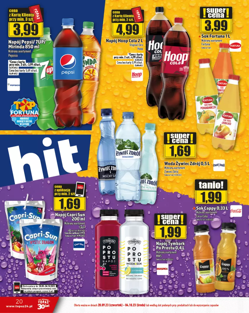 Gazetka promocyjna Topaz - Gazetka - ważna 28.09 do 04.10.2023 - strona 20 - produkty: Fortuna, Hoop, Mirinda, Napój, Pepsi, Sok, Tymbark, Woda