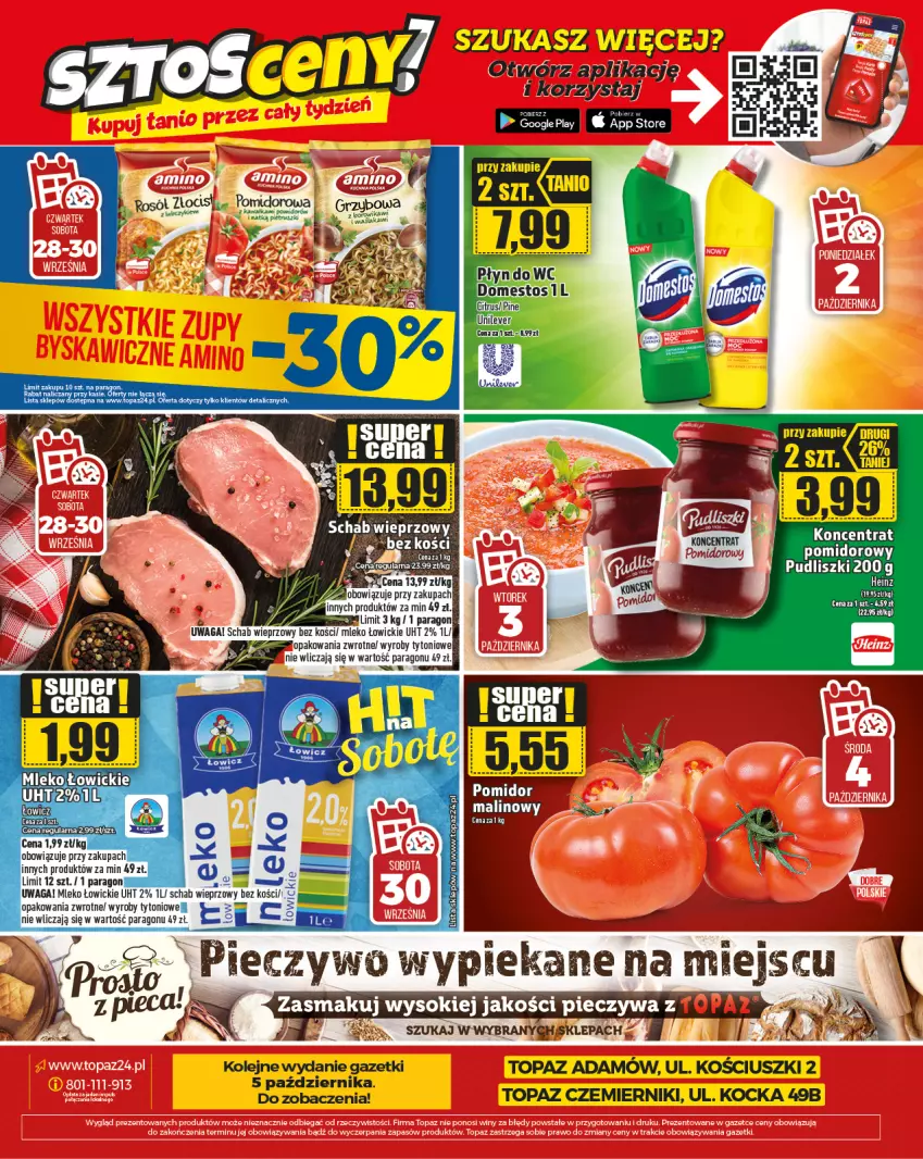 Gazetka promocyjna Topaz - Gazetka - ważna 28.09 do 04.10.2023 - strona 26 - produkty: Domestos, Koc, Mleko, Olej, Pudliszki, Top, Waga