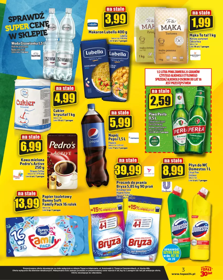 Gazetka promocyjna Topaz - Gazetka - ważna 28.09 do 04.10.2023 - strona 3 - produkty: Bell, Bella, Bryza, Dell, Domestos, Fa, Feta, Gra, Kawa, Kawa mielona, Koc, Lubella, Mąka, Mąka pszenna, Napój, Papier, Papier toaletowy, Pepsi, Perła, Piwa, Płyn do wc, Proszek do prania, Top