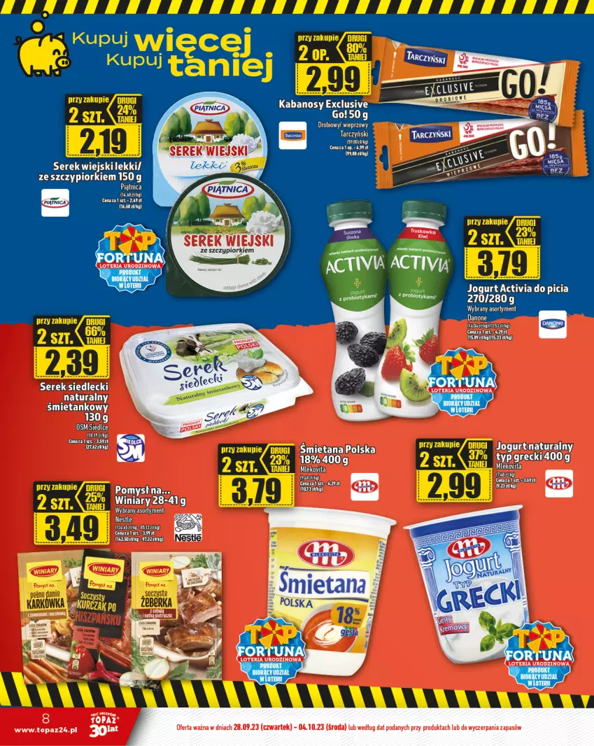 Gazetka promocyjna Topaz - Gazetka - ważna 28.09 do 04.10.2023 - strona 8 - produkty: Activia, Danone, Jogurt, Jogurt naturalny, Kabanos, Mleko, Mlekovita, Mola, Piątnica, Ser, Serek, Serek wiejski, Top