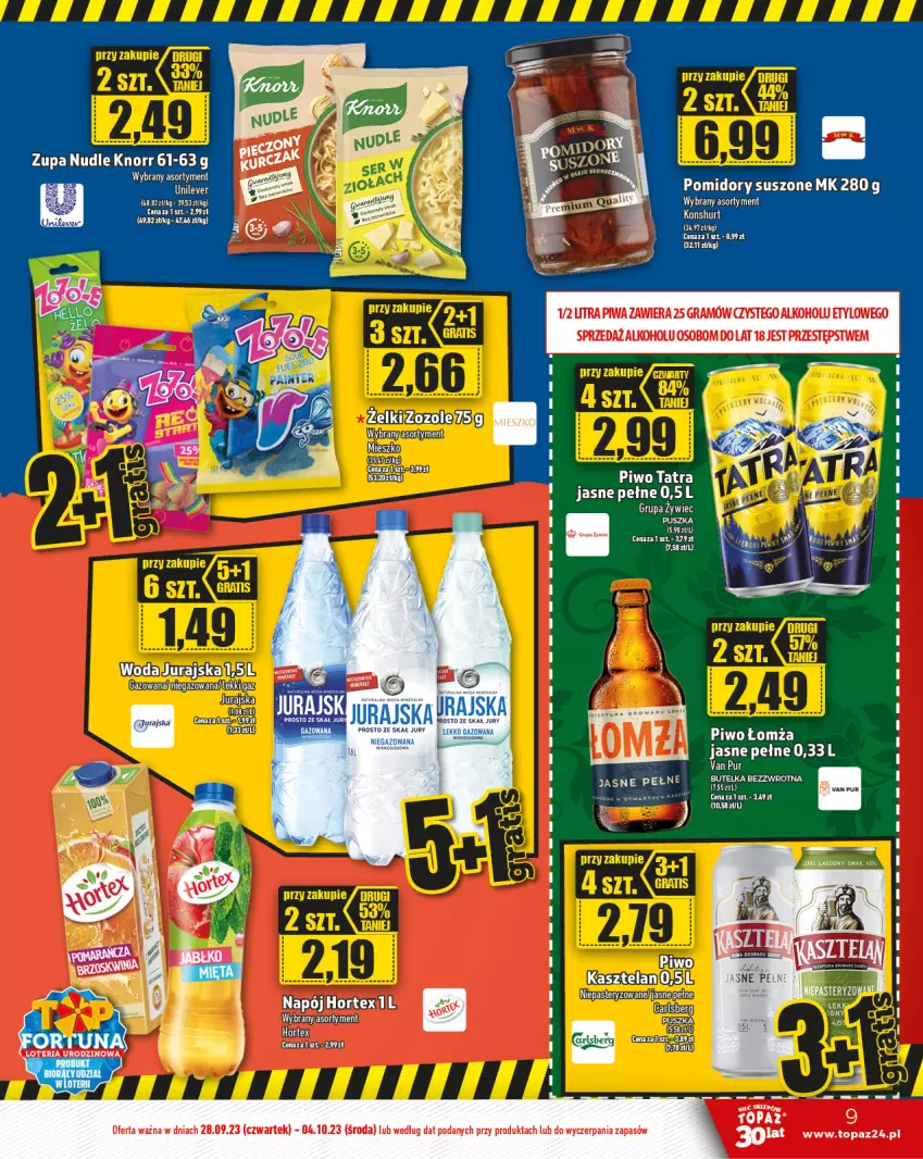 Gazetka promocyjna Topaz - Gazetka - ważna 28.09 do 04.10.2023 - strona 9 - produkty: Fa, Fortuna, Knorr, Piwo, Pomidory, Pur, Sos, Tatra, Zupa