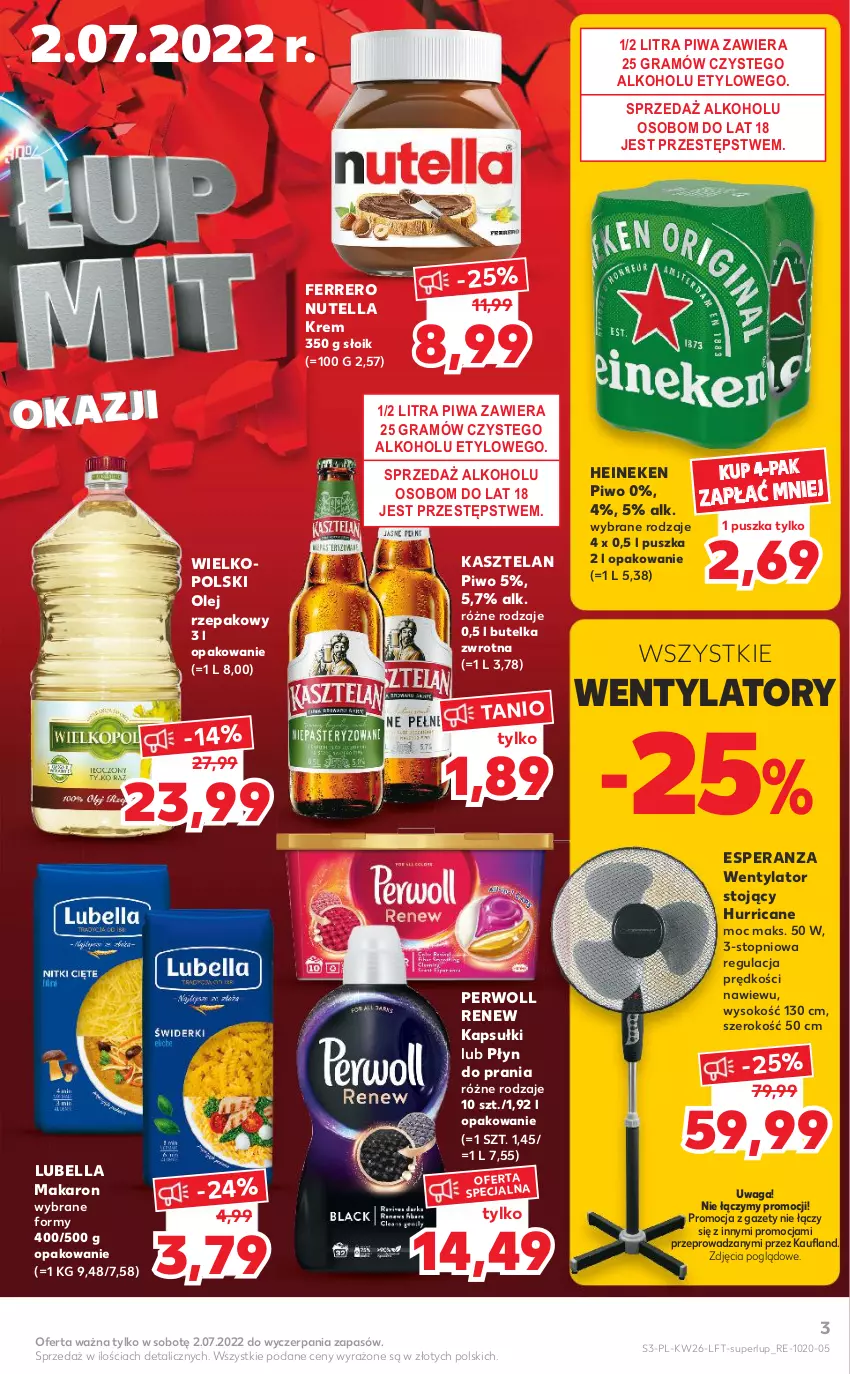 Gazetka promocyjna Kaufland - OFERTA TYGODNIA - ważna 30.06 do 06.07.2022 - strona 3 - produkty: Bell, Bella, Ferrero, Gra, Heineken, Kasztelan, Lubella, Makaron, Nutella, Olej, Olej rzepakowy, Perwoll, Piwa, Piwo, Płyn do prania, Sok, Top, Waga