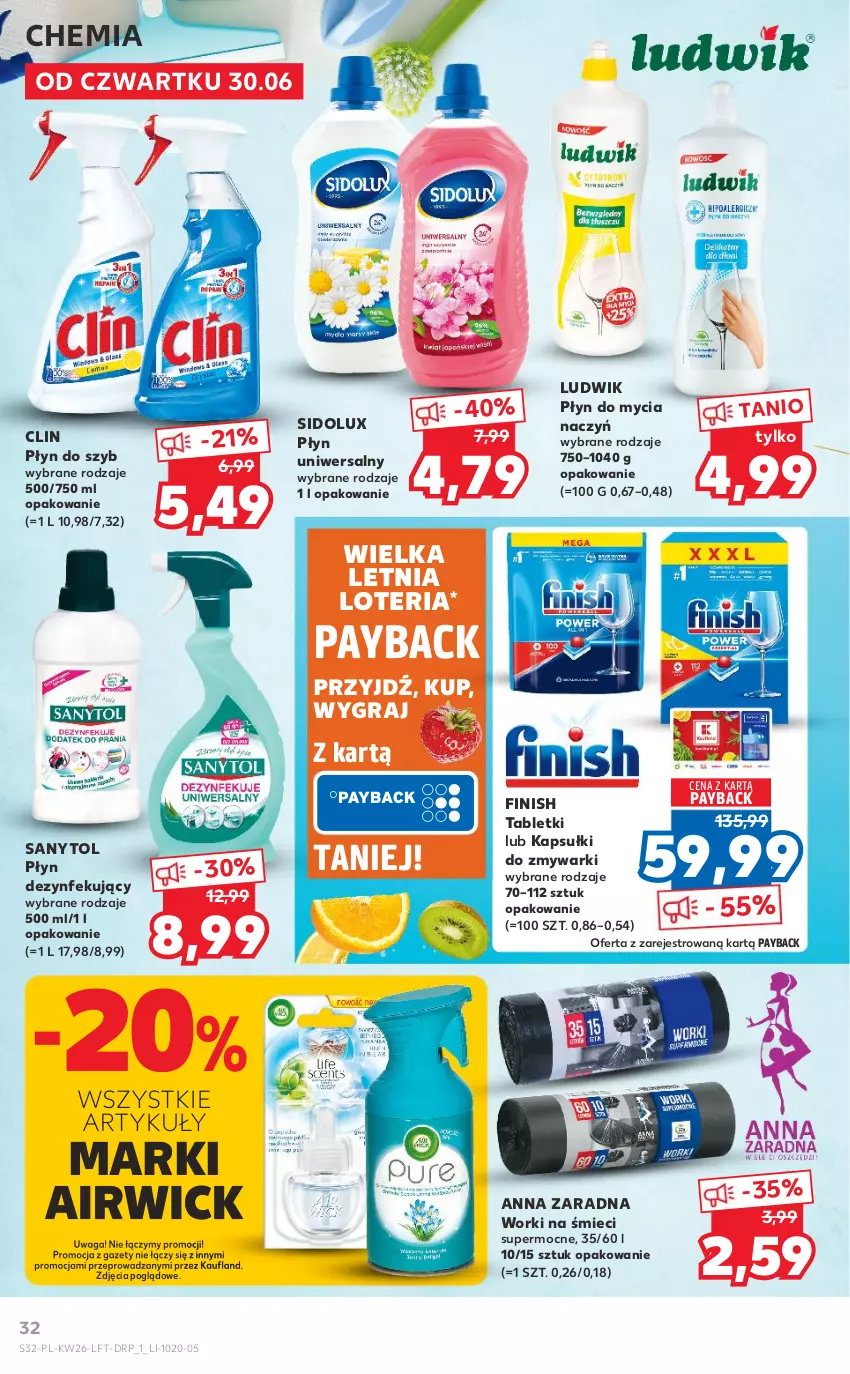 Gazetka promocyjna Kaufland - OFERTA TYGODNIA - ważna 30.06 do 06.07.2022 - strona 32 - produkty: Clin, Do mycia naczyń, Finish, Gra, Ludwik, Płyn do mycia, Płyn do mycia naczyń, Płyn do szyb, Sanytol, Sidolux, Tablet, Waga, Worki na śmiec, Worki na śmieci, Zmywarki