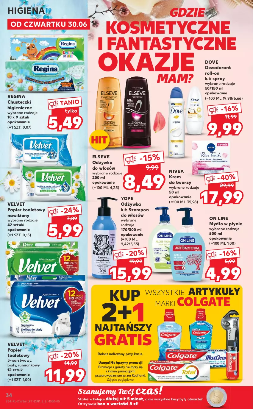 Gazetka promocyjna Kaufland - OFERTA TYGODNIA - ważna 30.06 do 06.07.2022 - strona 34 - produkty: Chusteczki, Colgate, Dezodorant, Dove, Elseve, Fa, Fanta, Gin, Gra, Krem do twarzy, LG, Mydło, Mydło w płynie, Nivea, Odżywka, Olej, Papier, Papier toaletowy, Rum, Szampon, Velvet, Waga, Yope