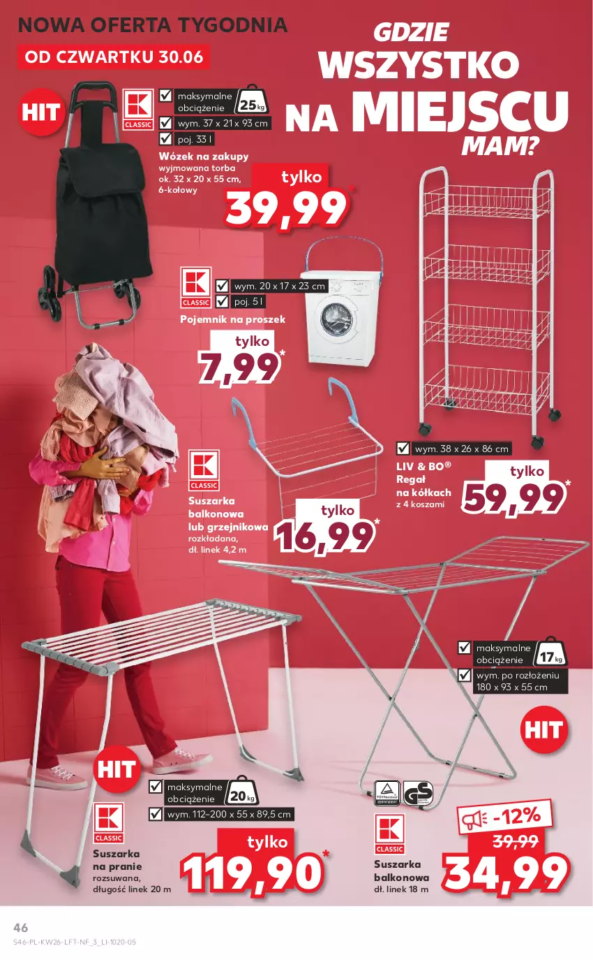 Gazetka promocyjna Kaufland - OFERTA TYGODNIA - ważna 30.06 do 06.07.2022 - strona 46 - produkty: Grzejnik, Kosz, Pojemnik, Regał, Suszarka, Suszarka balkonowa, Suszarka na pranie, Torba, Wózek, Wózek na zakupy