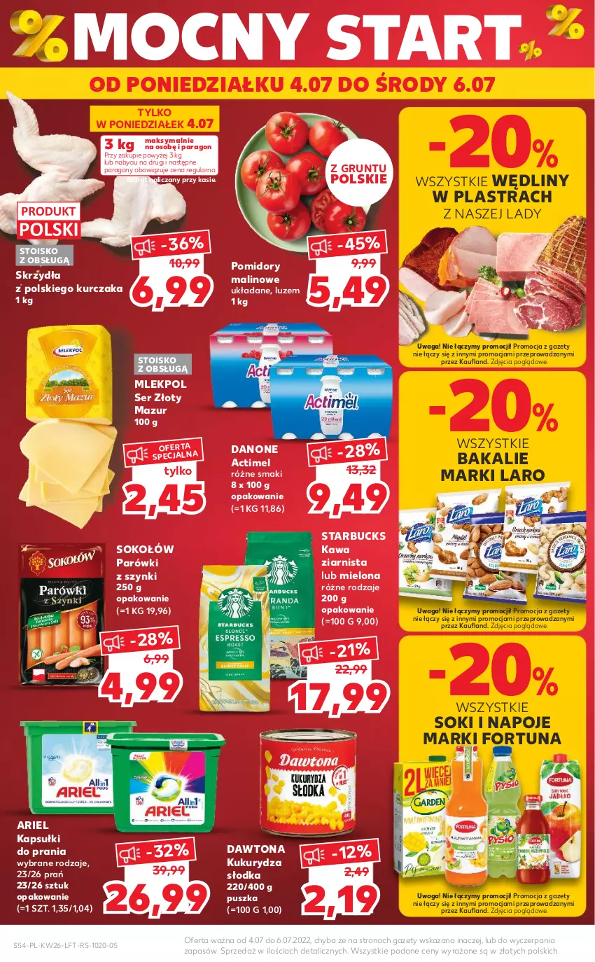 Gazetka promocyjna Kaufland - OFERTA TYGODNIA - ważna 30.06 do 06.07.2022 - strona 54 - produkty: Actimel, Ariel, Danone, Dawtona, Fortuna, Grunt, Kapsułki do prania, Kawa, Kawa ziarnista, Kukurydza, Kurczak, Napoje, Parówki, Parówki z szynki, Pomidory, Ser, Sok, Sokołów, Waga, Złoty Mazur