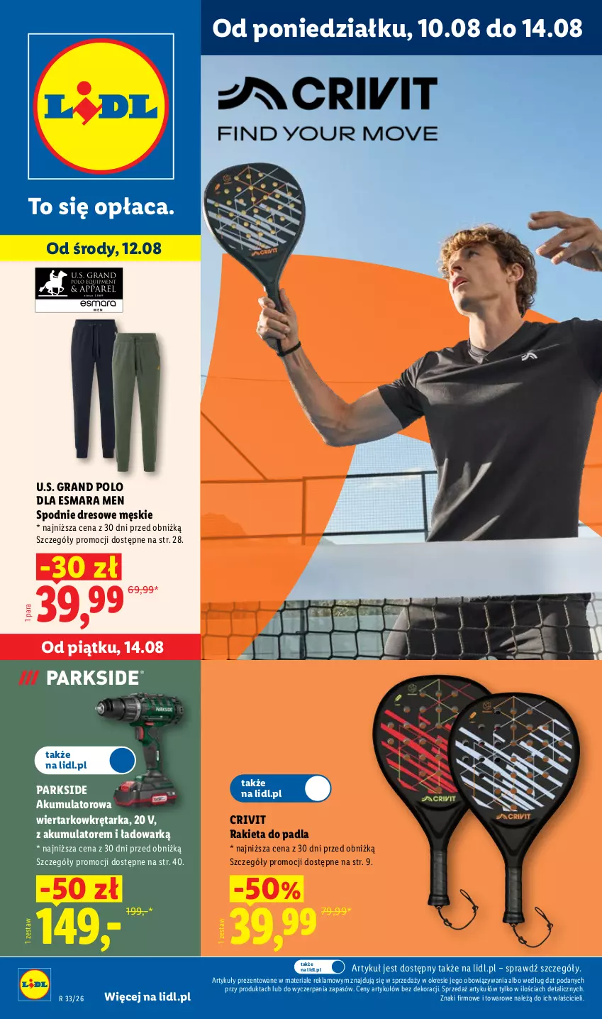 Gazetka promocyjna Lidl - Gazetka ważna od 10.08. do 14.08. - ważna 10.08 do 14.08.2026 - strona 1 - produkty: Akumulator, Akumulatorowa wiertarkowkrętark, Dres, Gra, Parkside, Rakieta, Spodnie, Spodnie dresowe, Tarka, Wiertarkowkrętarka, Wkręt, Wkrętarka