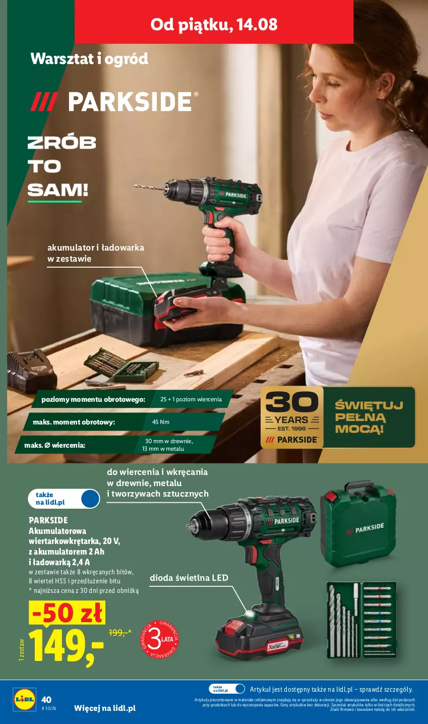 Gazetka promocyjna Lidl - Gazetka ważna od 10.08. do 14.08. - ważna 10.08 do 14.08.2026 - strona 50 - produkty: Akumulator, Akumulatorowa wiertarkowkrętark, Ogród, Parkside, Tarka, Warka, Wiertarkowkrętarka, Wkręt, Wkrętarka