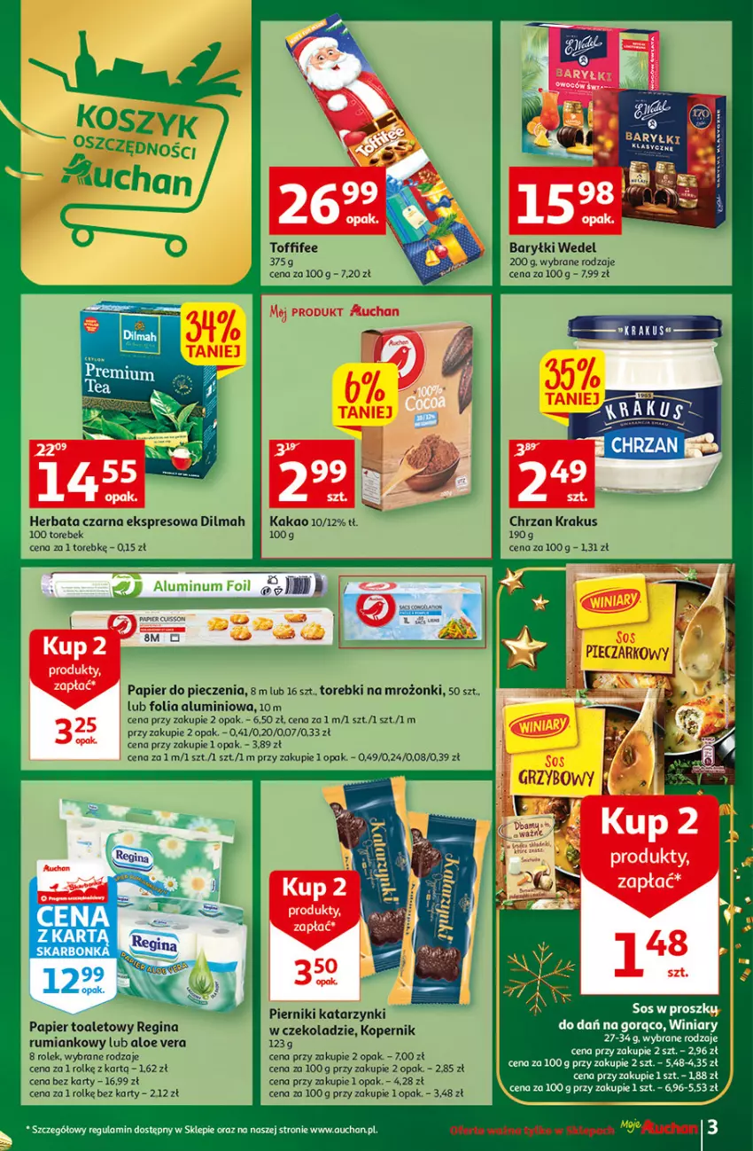 Gazetka promocyjna Auchan - Gazetka Magia Świąt Moje Auchan - ważna 08.12 do 14.12.2022 - strona 3 - produkty: Aloe vera, Chrzan, Dilmah, Folia aluminiowa, Gin, Gres, Herbata, Herbata czarna, Kakao, Krakus, Papier, Papier do pieczenia, Papier toaletowy, Piec, Piernik, Rum, Sos, Toffifee, Winiary