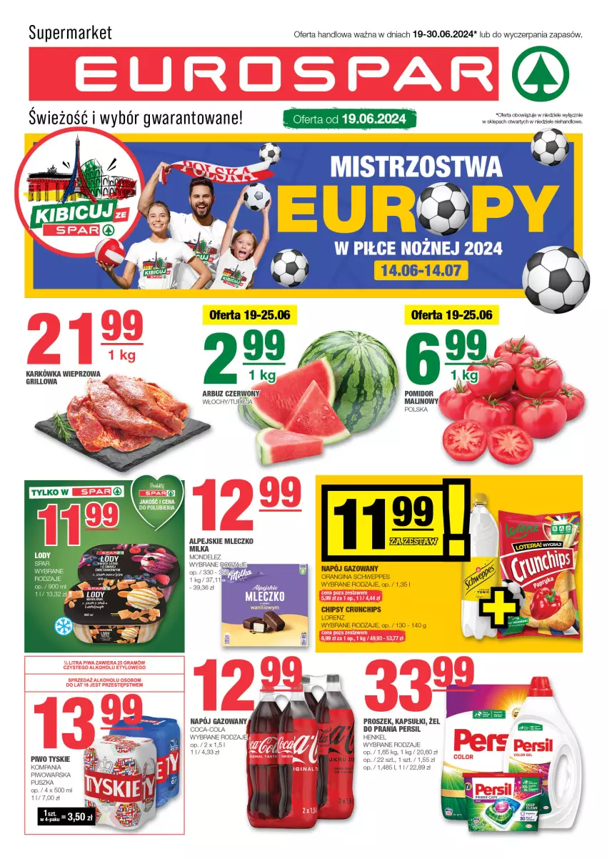 Gazetka promocyjna Spar - EuroSpar - ważna 16.06 do 26.06.2024 - strona 1 - produkty: Arbuz, Chipsy, Coca-Cola, Crunchips, Gin, Grill, Karkówka wieprzowa, Lorenz, Mleczko, Napój, Napój gazowany, Noż, Persil, Piwo, Schweppes, Tyskie