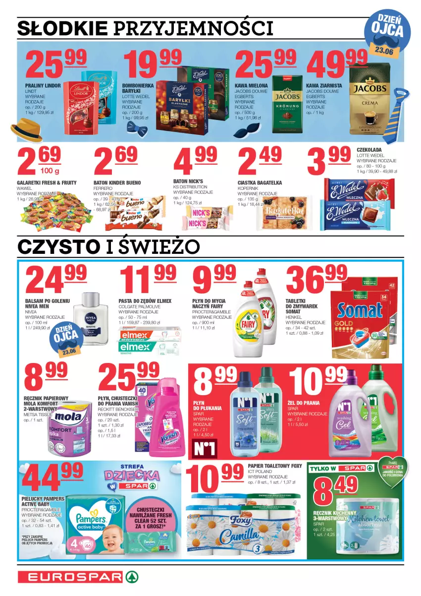 Gazetka promocyjna Spar - EuroSpar - ważna 16.06 do 26.06.2024 - strona 6 - produkty: Balsam po goleniu, Baryłki, Baton, Chusteczki, Ciastka, Colgate, Czekolada, Elmex, Fa, Fairy, Ferrero, Foxy, Gala, Galaretki, Kinder, Kinder Bueno, LG, Mola, Nivea, Nivea Men, Palmolive, Pampers, Papier, Papier toaletowy, Pasta do zębów, Płyn do mycia, Ręcznik, Ser, Somat, Tablet, Vanish, Wawel