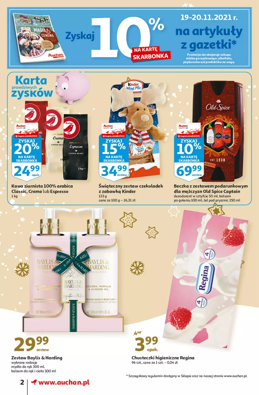 Gazetka promocyjna Auchan - Magia cenowa Supermarkety - ważna 18.11 do 24.11.2021 - strona 2 - produkty: BIC, Body, Chusteczki, Dezodorant, Gin, Kawa, Kawa ziarnista, Kinder, Mydło, Old Spice, Papier