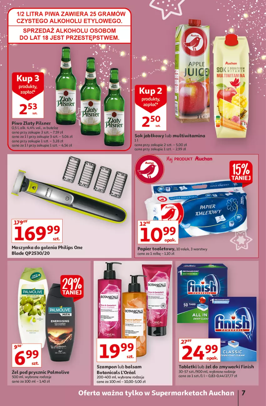 Gazetka promocyjna Auchan - Magia cenowa Supermarkety - ważna 18.11 do 24.11.2021 - strona 7 - produkty: Finish, Gra, Maszynka, Maszynka do golenia, Palmolive, Papier, Papier toaletowy, Philips, Piwa, Piwo, Sok, Sok jabłkowy, Szampon, Szynka, Tablet, Zmywarki