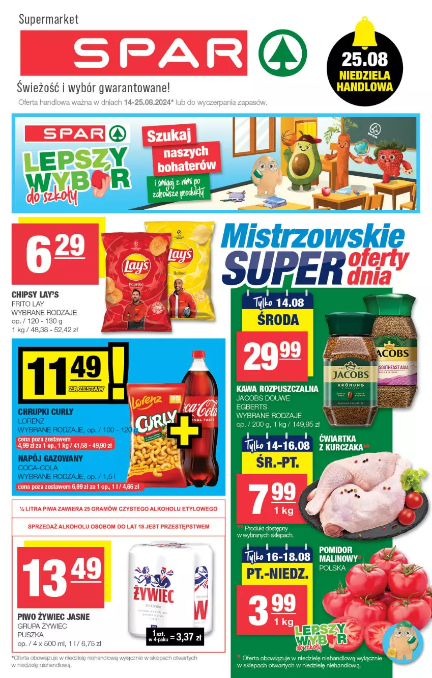 Gazetka promocyjna Spar - Spar - ważna 11.08 do 21.08.2024 - strona 1 - produkty: Chipsy, Jacobs, Kawa, Kawa rozpuszczalna, Kurczak, Piwo, Salsa