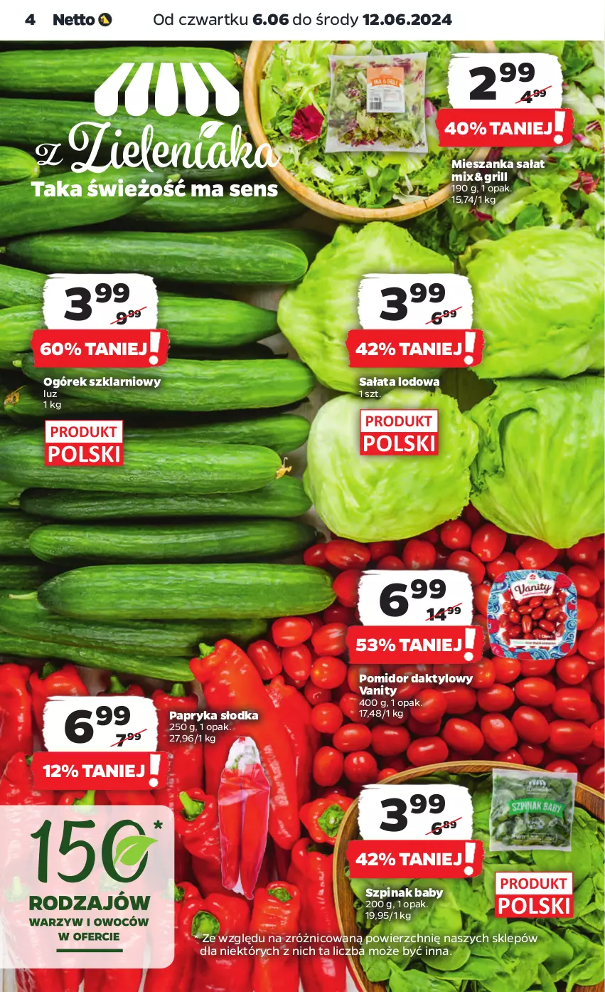 Gazetka promocyjna Netto - Artykuły spożywcze - ważna 06.06 do 12.06.2024 - strona 4 - produkty: Grill, Mieszanka sałat, Ogórek, Papryka, Papryka słodka, Sałat, Sałata lodowa, Szpinak