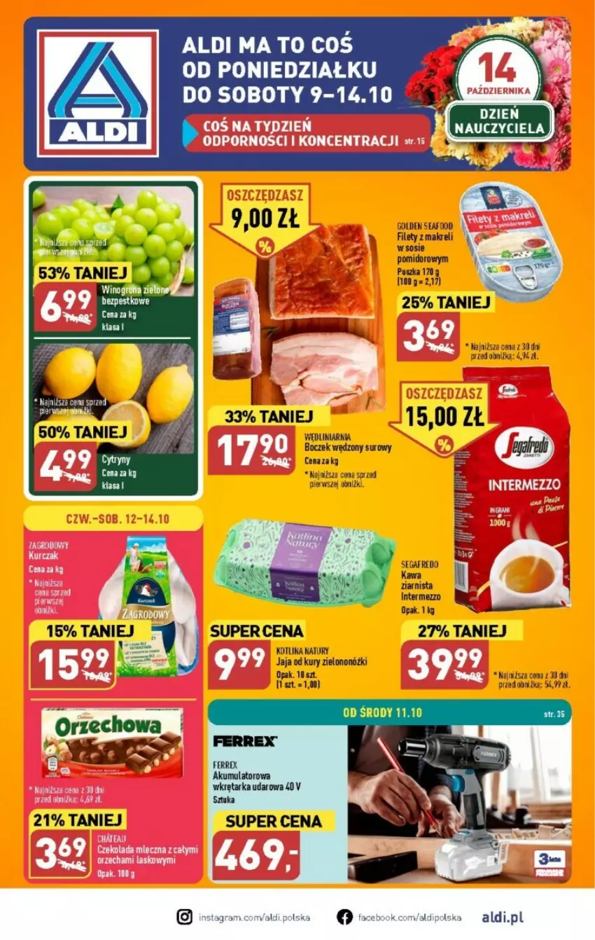 Gazetka promocyjna Aldi - ważna 09.10 do 14.10.2023 - strona 1 - produkty: Akumulator, Cytryny, Jaja, Kawa, Kotlin, Segafredo, Sos, Tarka, Wkręt, Wkrętarka